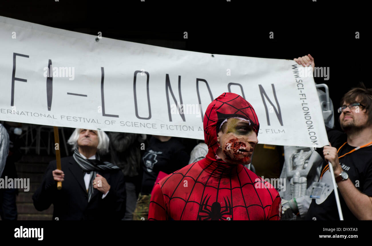 London, UK. 27th Apr, 2014. Spider Man under Sci-Fi London banner. Credit:  Prixpics/Alamy Live News Stock Photo