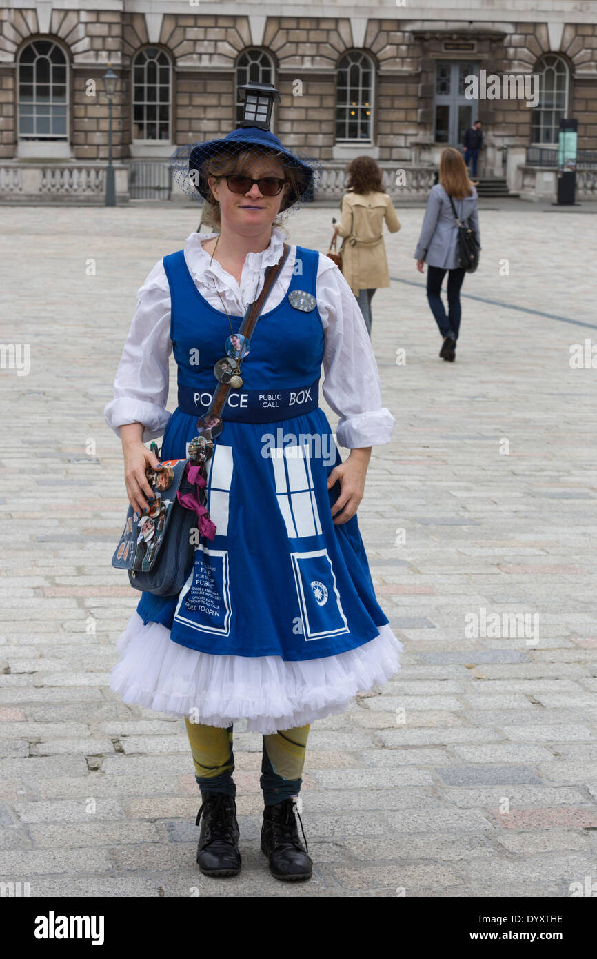 London Uk 27 April 14 Doctor Who Fan In A Tardis Costume Sci Fi Stock Photo Alamy