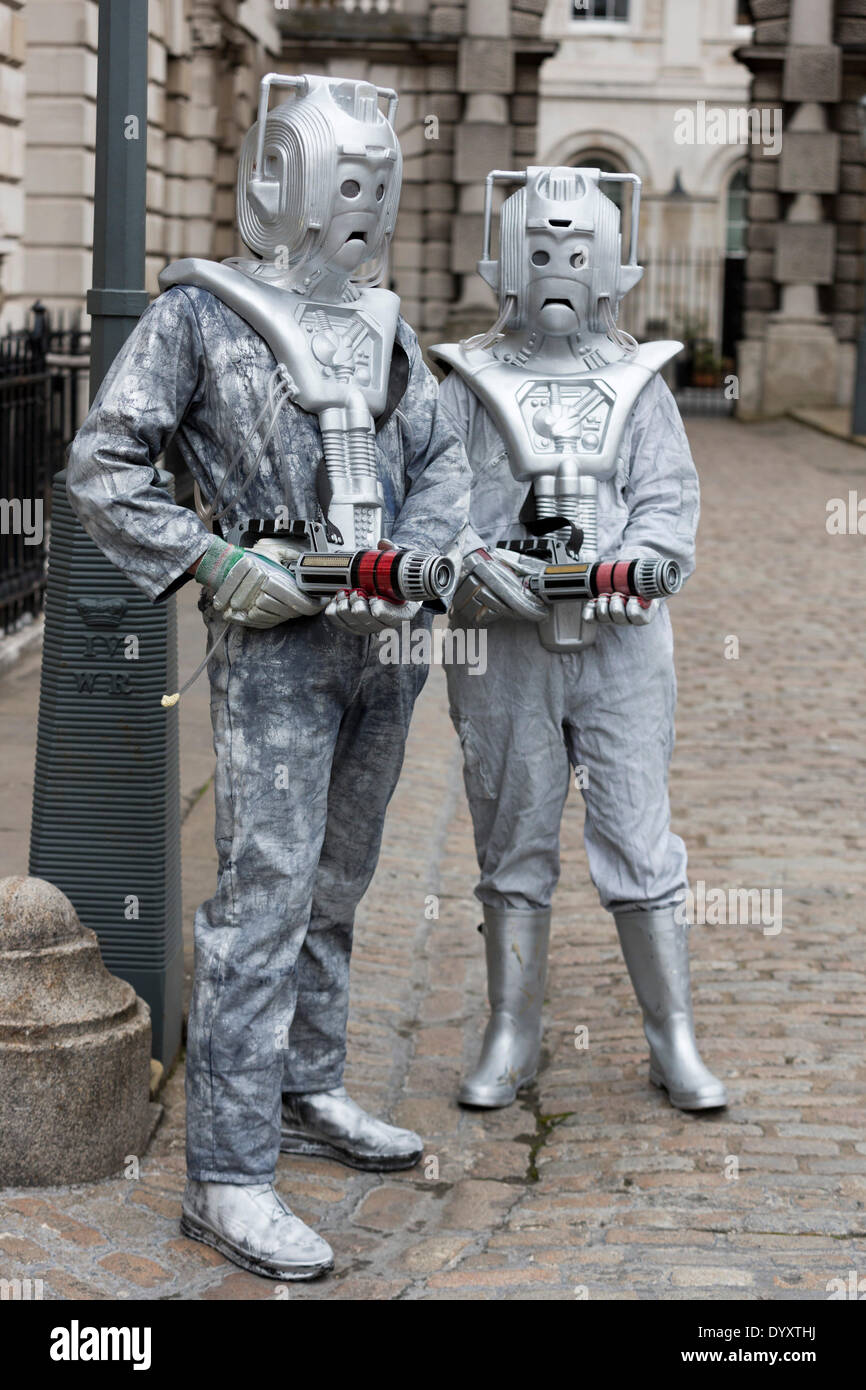 London, UK. 27 April 2014. Cybermen in the Courtyard of Somerset House. Sci-Fi fans gathered in the Courtyard of Somerset House, London, and dressed up as their favourite science fiction character ahead of a parade through London. This 4th annual parade was organised by Sci-Fi London 14, the London International Festival for Science Fiction and Fantastic Film which runs unil May 4th. Photo: Nick Savage/Alamy Live News Stock Photo