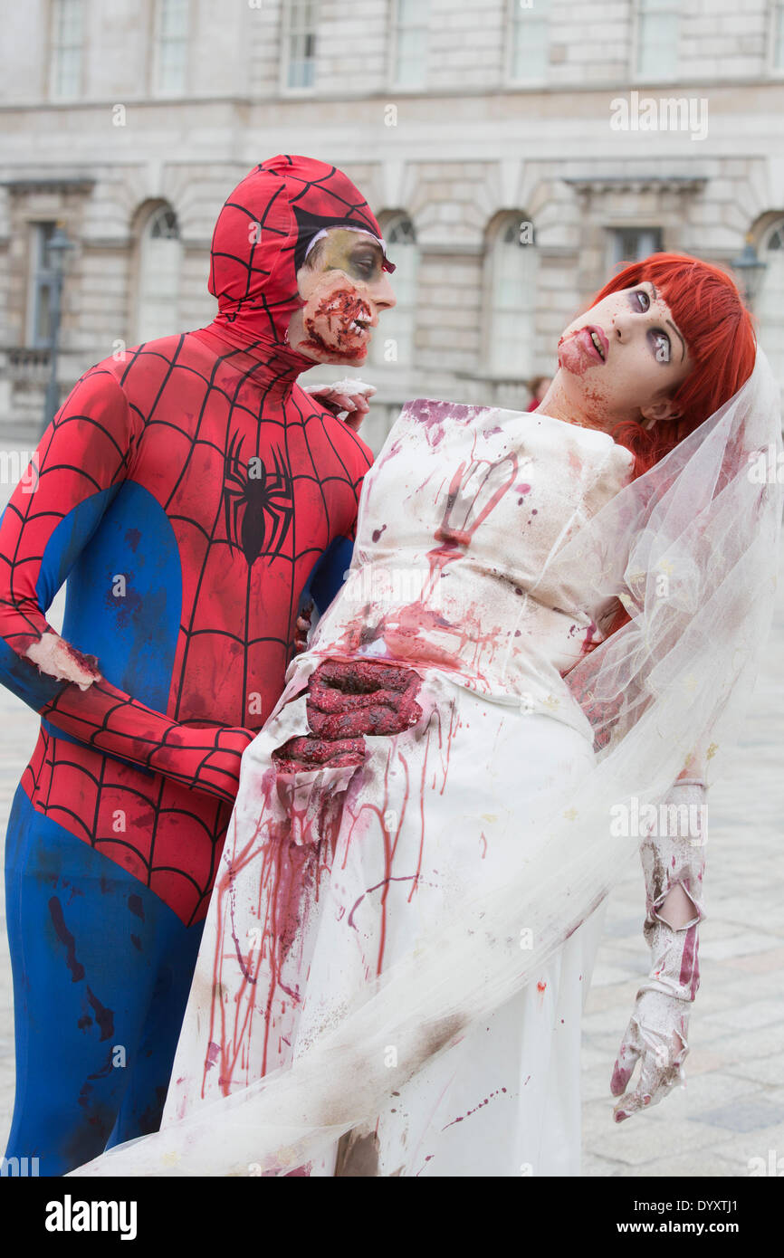 London, UK. 27 April 2014. Zombie Spider-Man and Anna Maria. Sci-Fi fans gathered in the Courtyard of Somerset House, London, and dressed up as their favourite science fiction character ahead of a parade through London. This 4th annual parade was organised by Sci-Fi London 14, the London International Festival for Science Fiction and Fantastic Film which runs unil May 4th. Photo: Nick Savage/Alamy Live News Stock Photo