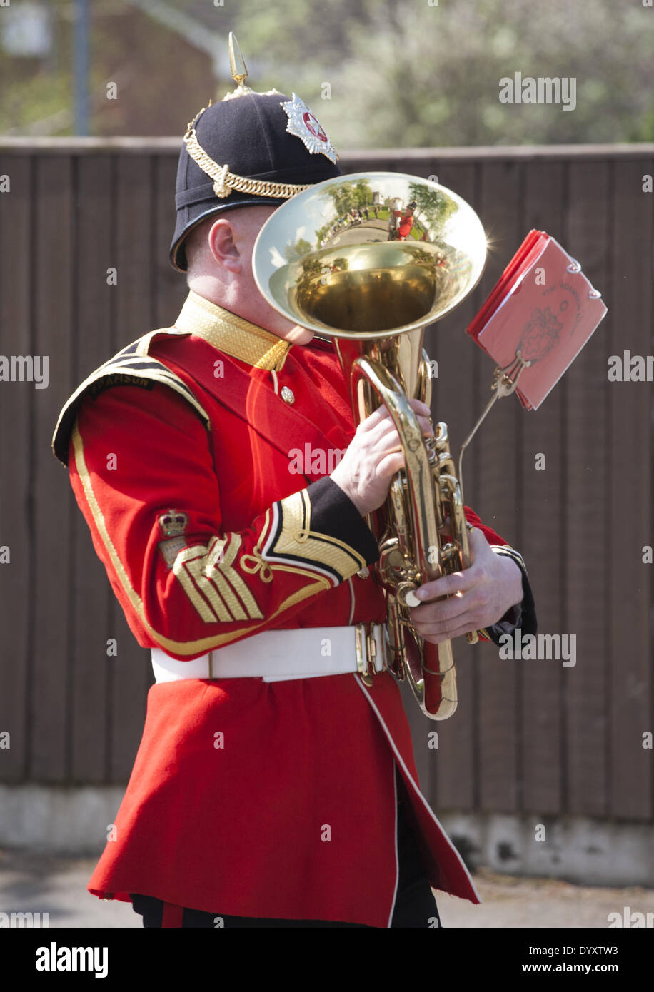 Manchester, UK 27th April, 2014. The Adamson band at the St George's weekend celebrations, a family event held in Albert Square and Piccadilly, an extension of the annual St George Parade and a venture to help celebrate England's Patron Saint, with many activities & performers.  Manchester embraces the days when both national festivals and parades aim to bring the city together and provide Mancunians with an event where different national identities are celebrated. Credit:  Cernan Elias/Alamy Live News Stock Photo