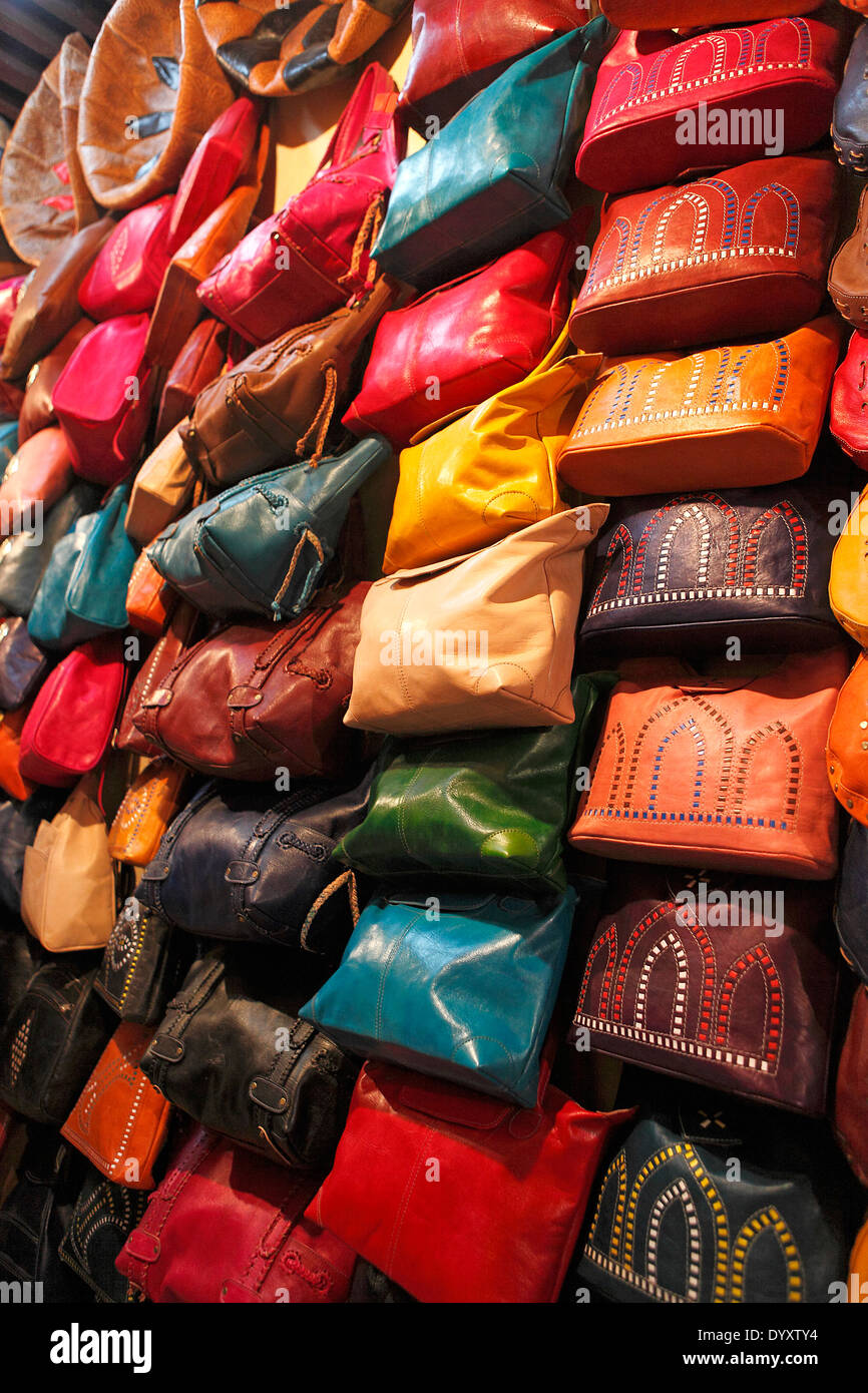 Leather bags in a shop in Fes, Morocco Stock Photo - Alamy