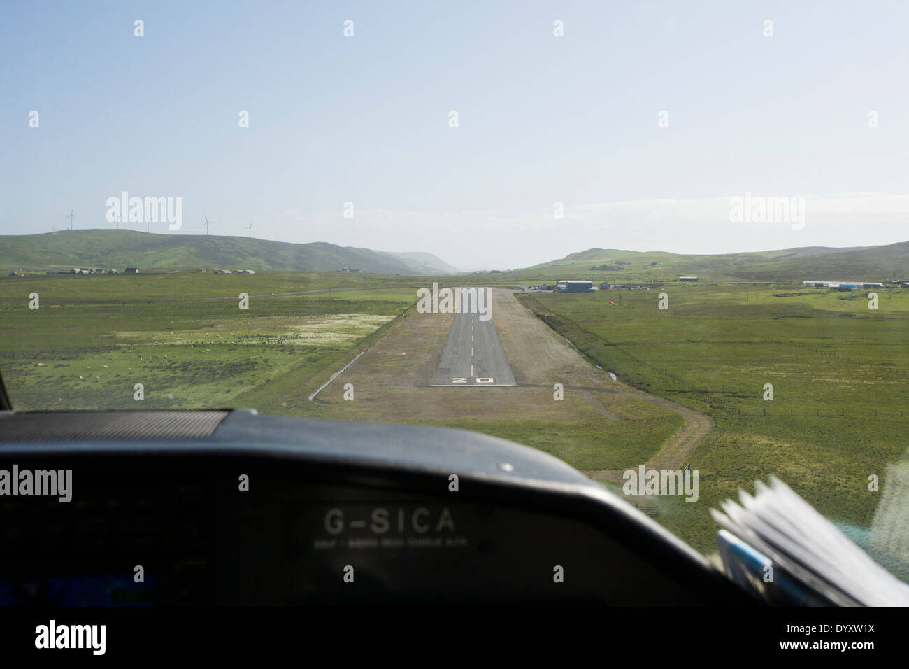 View of Tingwall runway from cockpit of light aircraft as coming in to land, Shetland Stock Photo