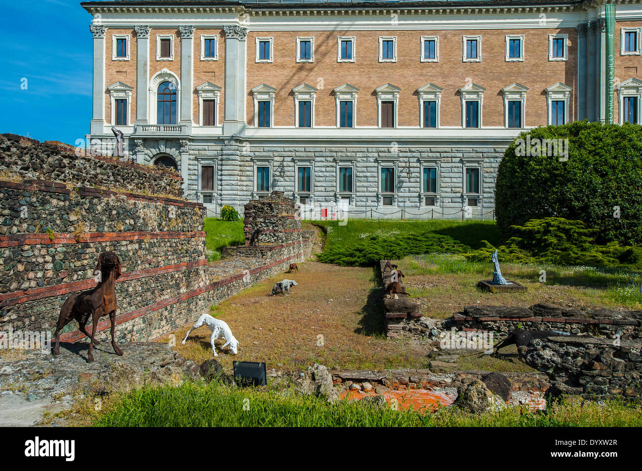 Italy Piedmont Turin Archaeological Muesum and  statue of dogs between the roman walls Stock Photo
