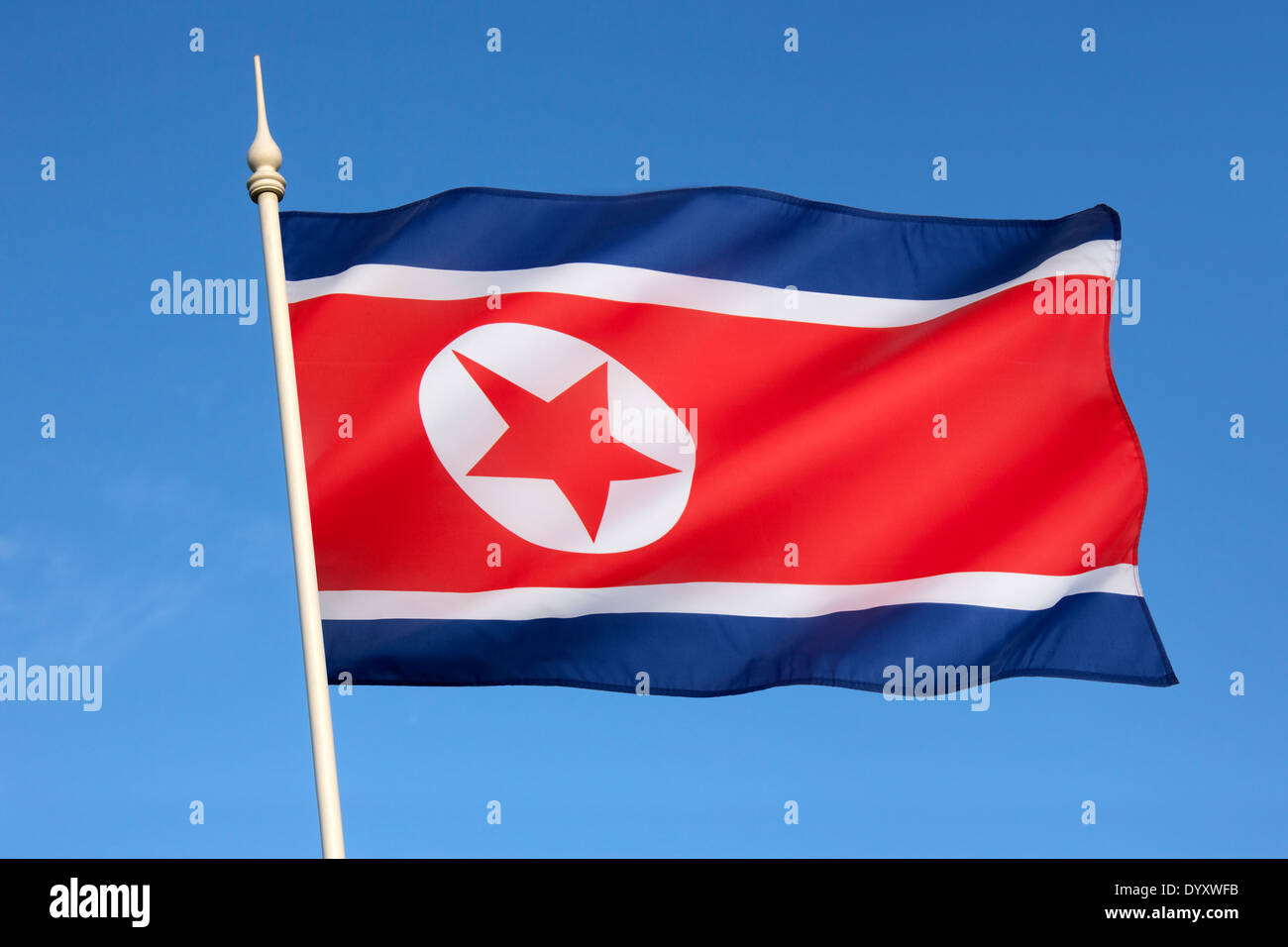 The flag of North Korea was adopted on 8 September 1948, as the national flag and ensign of this isolationist Stalinist state. Stock Photo