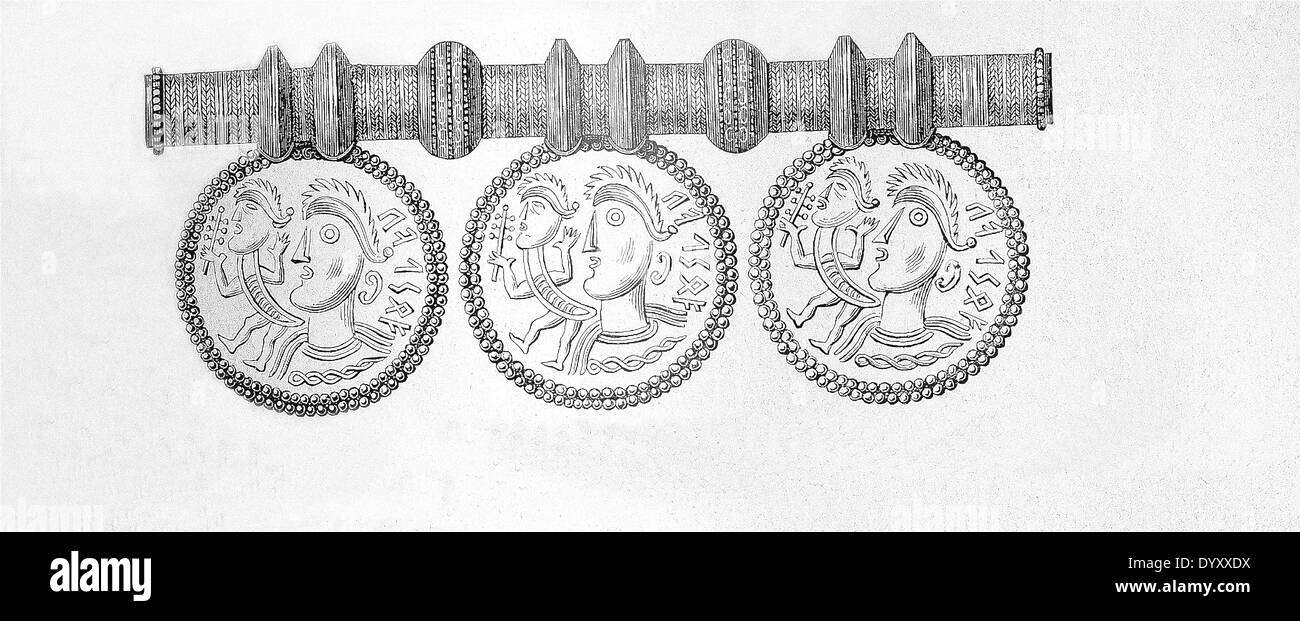 This drawing shows a gold Rune Jewelry piece from pagan times. Runes refer to letters of an ancient Germanic alphabet Stock Photo Alamy
