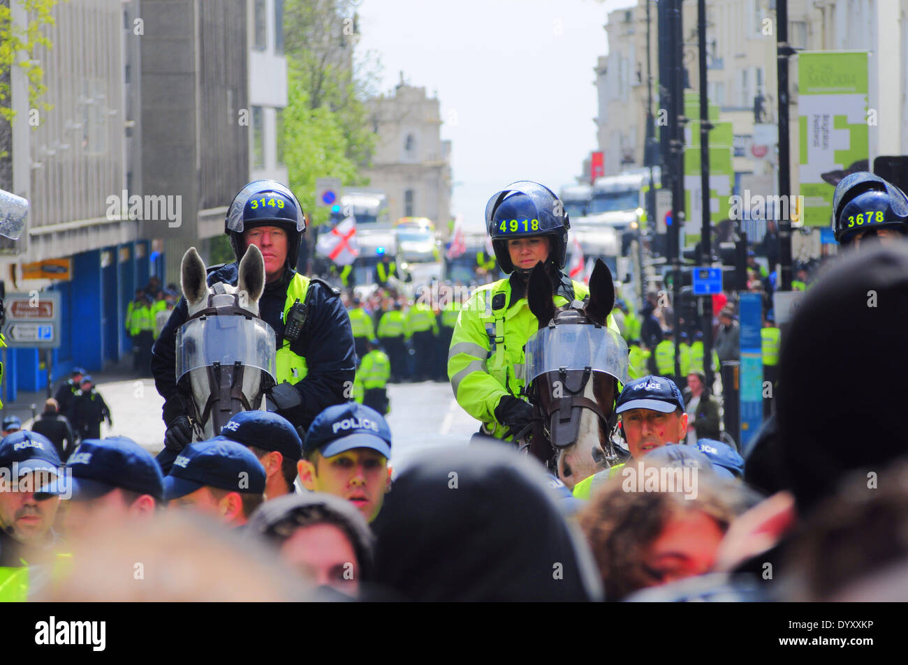 Brighton, East Sussex, UK..27 April 2014..The centre of Brighton was brought to a standstill this afternoon as Police kept rival factions apart. About 150 marchers were outnumbered by Police and those opposed to the March. Stock Photo