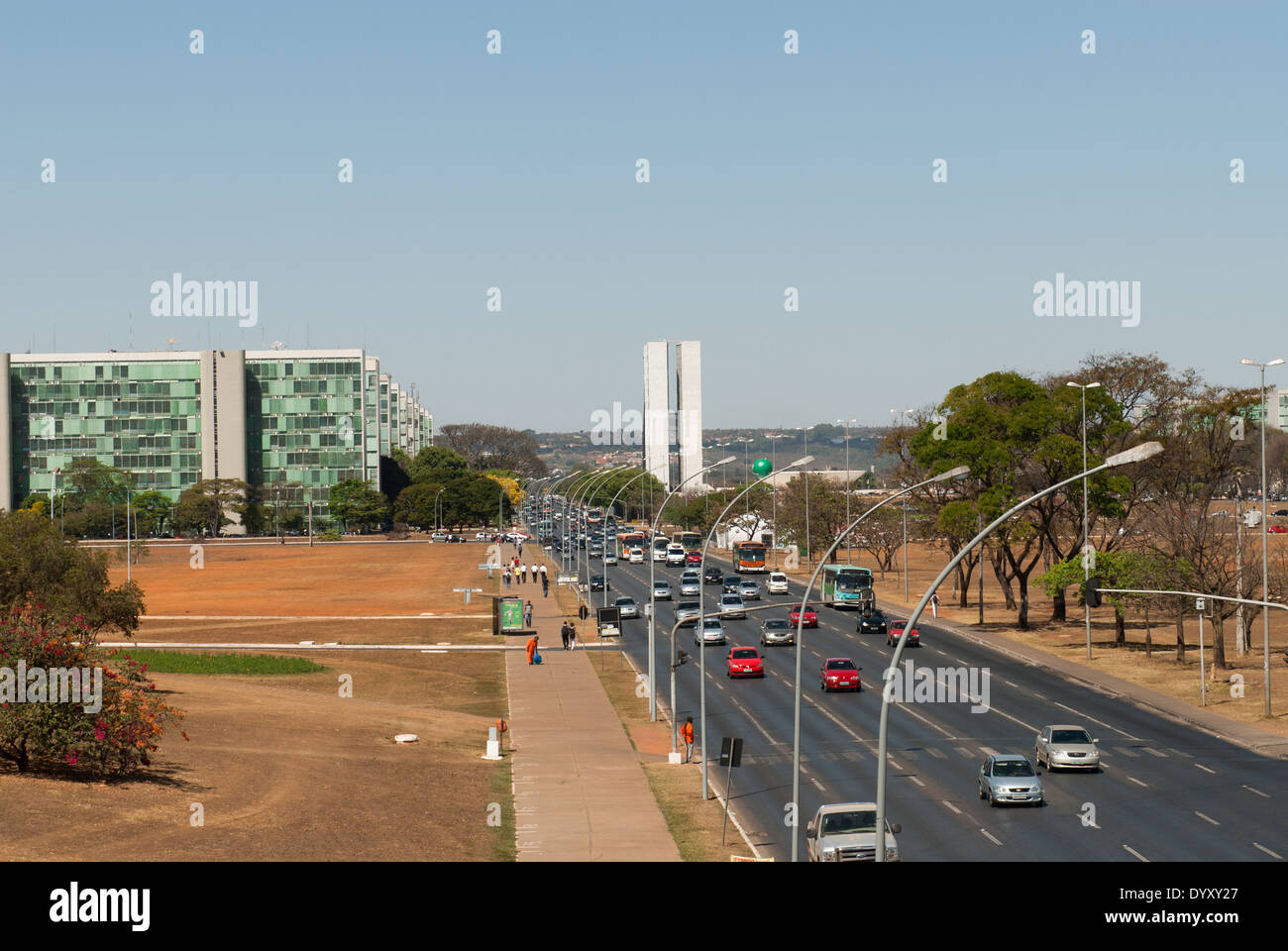 Brasilia, Brazil. Traffic, Eixo Central, Ministries, Congress buildings, Stock Photo