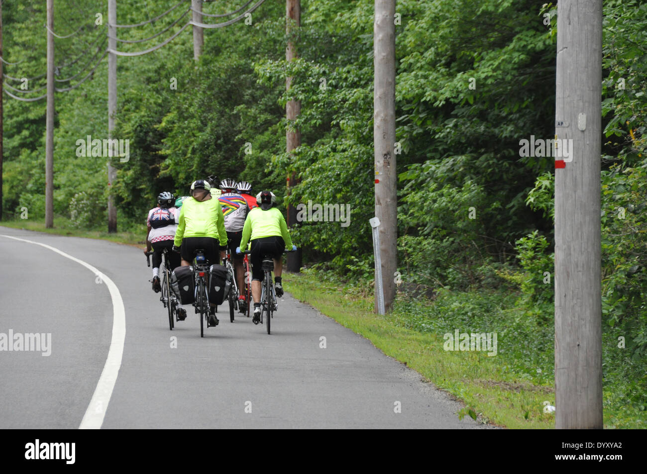 Recreational cyclists and touring cyclists cycling on the Hudson River Greenway, 9W bike route