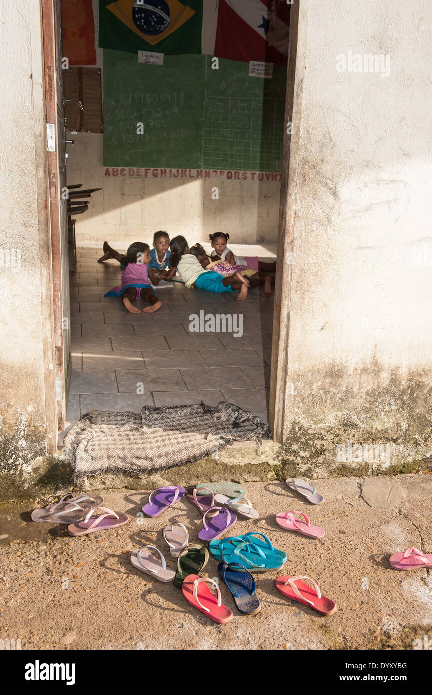 Amazon. School room and flip-flops in an Arara Indian village. Stock Photo