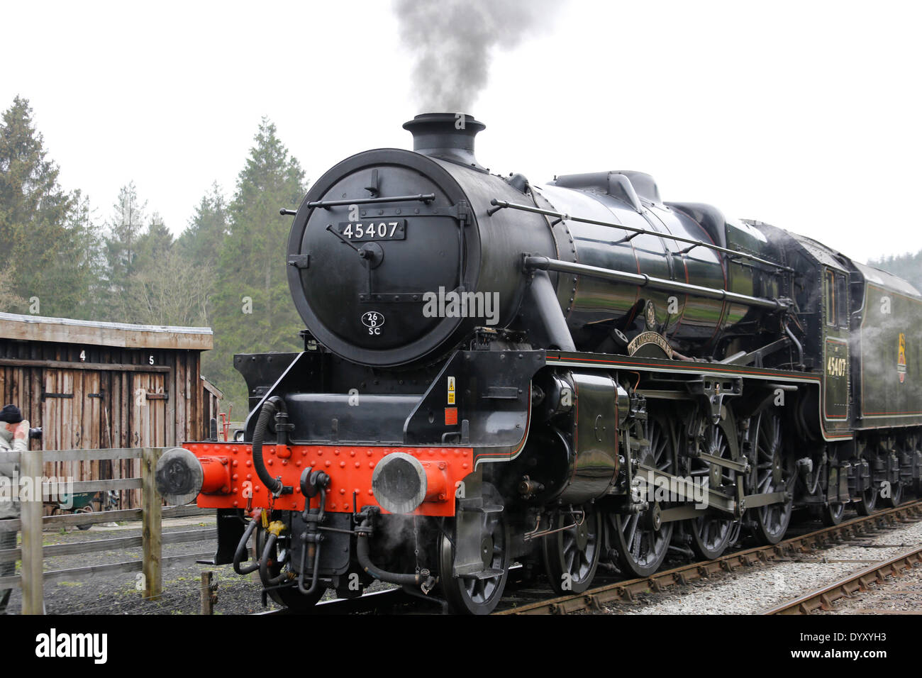 North Yorkshire Moors Railway; Levisham, North Yorkshire. 27th Apr, 2014.  LMS Stanier Class 5 4-6-0 Black 5 No. 45407 ‘Lancashire Fusilier’ shunting freight at Levisham Station during the Spring Steam Gala for the benefit of spectators. Credit:  Alan Walmsley/Alamy Live News Stock Photo