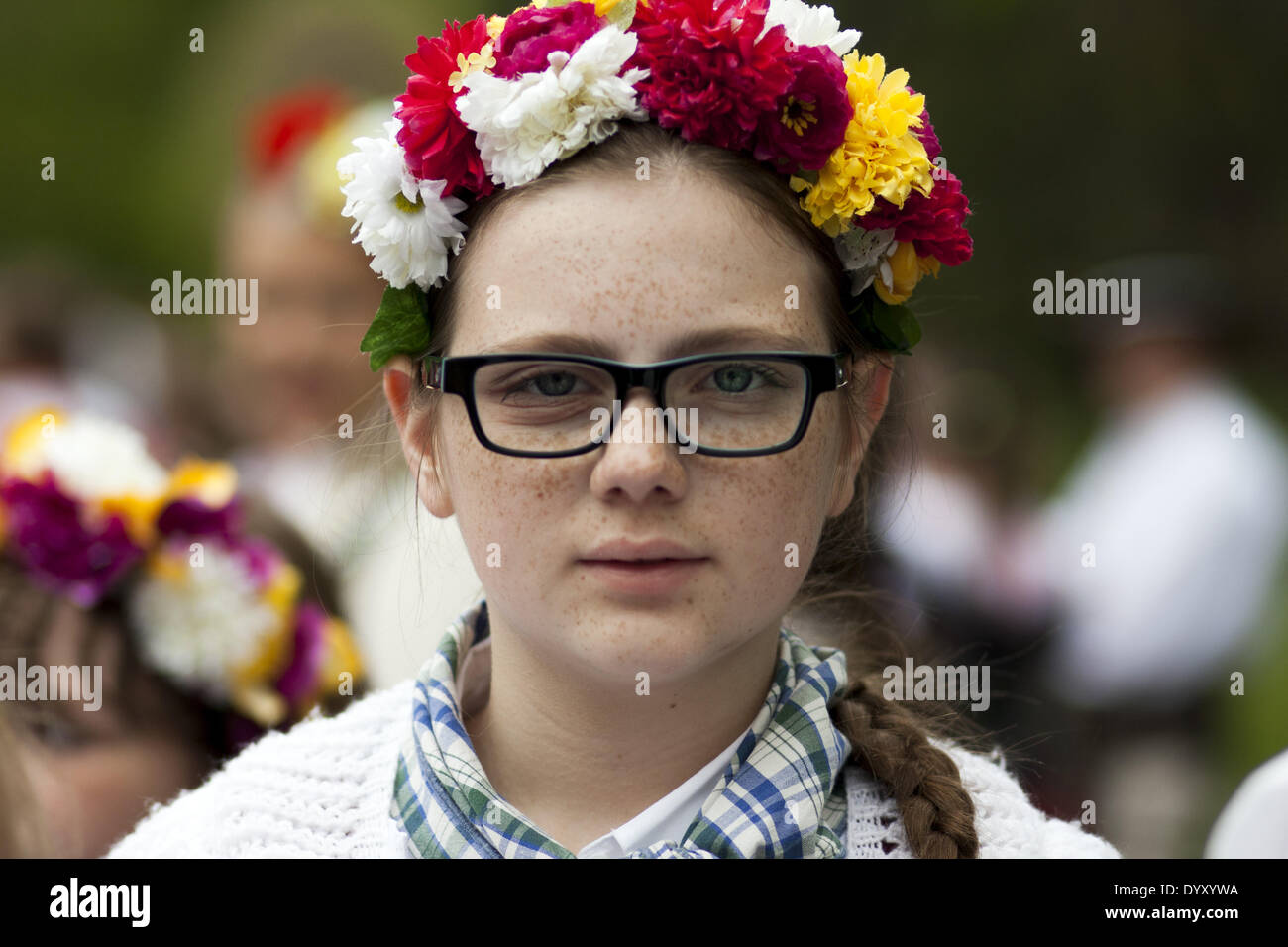 Sofia, Bulgaria. 27th Apr, 2014. The International Children's Folklore Festival Sofia 2014 held in Sofia, from 24 to 27 April 2014. Participants from Bulgaria, Bosnia and Herzegovina, Estonia, France, Poland, Slovakia, Russia presented traditional folklore dances in an authentic and stylized form, and closed the festival with a Costume road show. © Hristo Vladev/NurPhoto/ZUMAPRESS.com/Alamy Live News Stock Photo