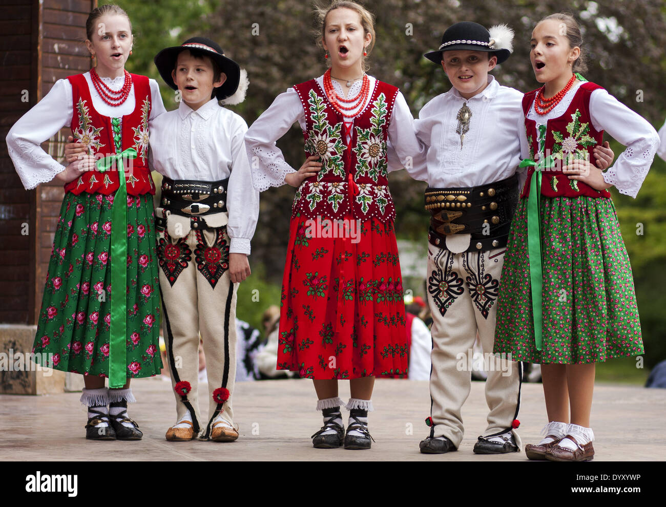 Sofia, Bulgaria. 27th Apr, 2014. The International Children's Folklore Festival Sofia 2014 held in Sofia, from 24 to 27 April 2014. Participants from Bulgaria, Bosnia and Herzegovina, Estonia, France, Poland, Slovakia, Russia presented traditional folklore dances in an authentic and stylized form, and closed the festival with a Costume road show. © Hristo Vladev/NurPhoto/ZUMAPRESS.com/Alamy Live News Stock Photo