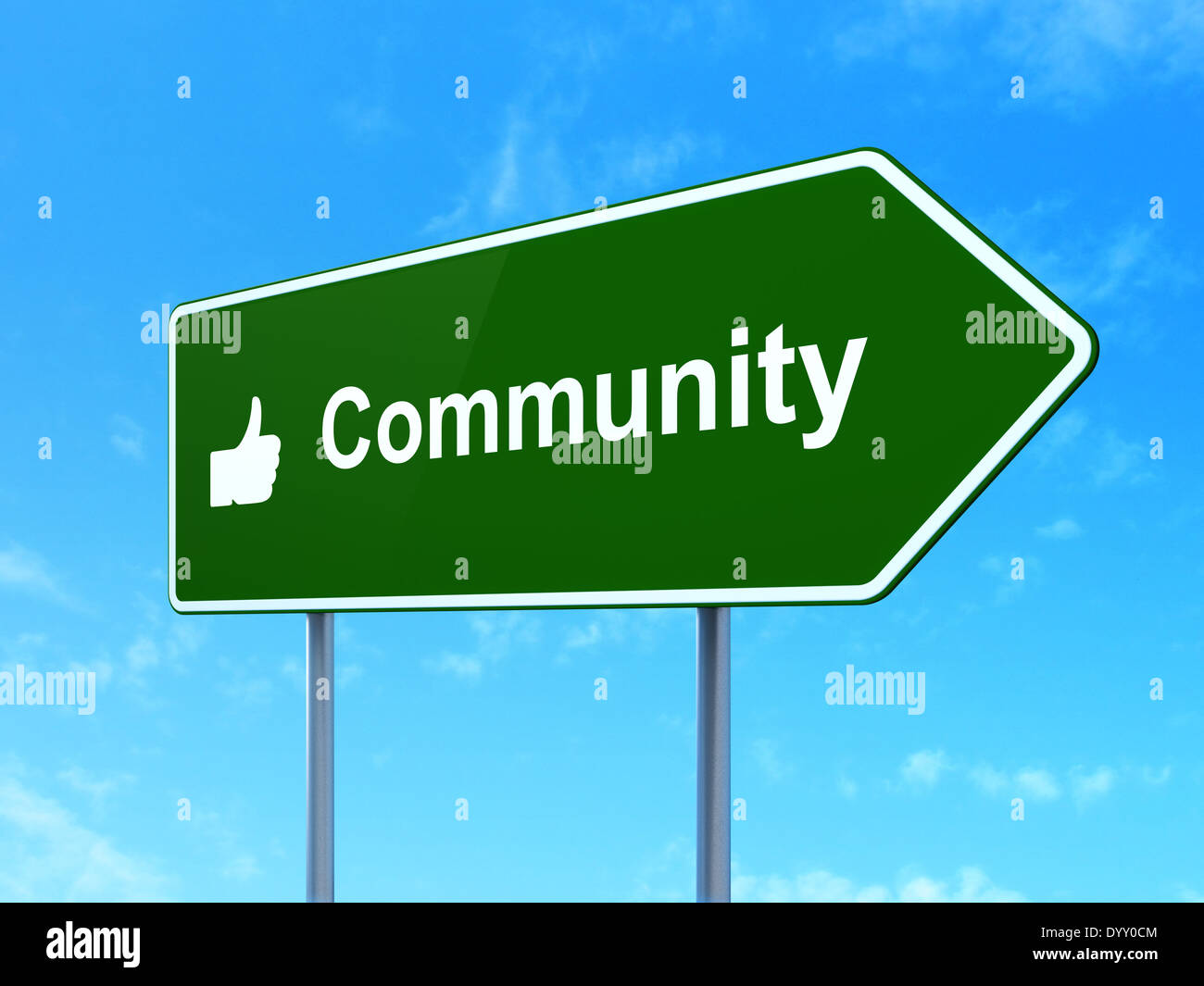 Social network concept: Community and Thumb Up on road sign background ...