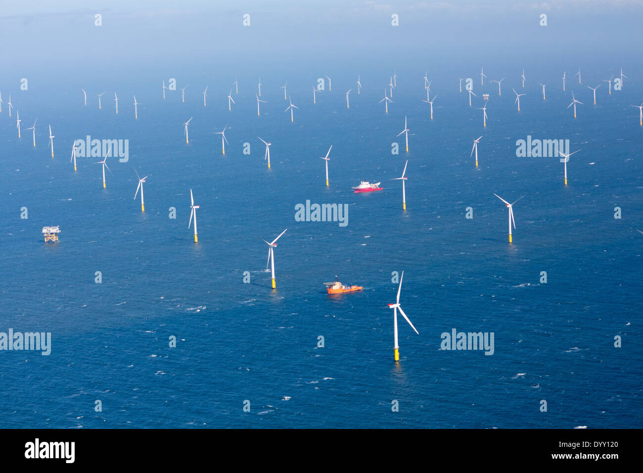 Gwynt y Mor offshore wind farm windfarm Near Llandudno Liverpool Bay Irish Sea North Wales UK Stock Photo