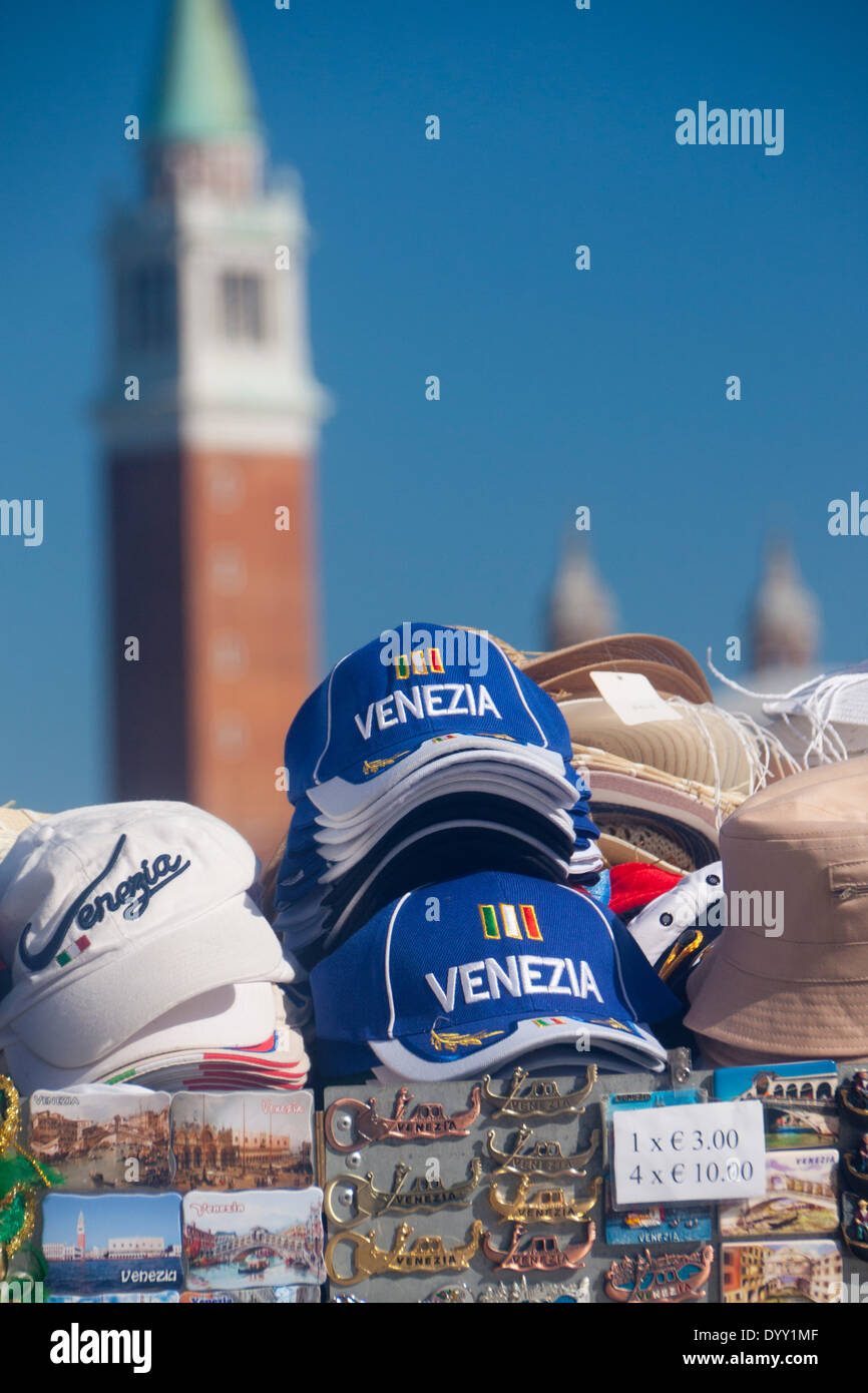 Souvenir stall with campanile tower of San Giorgio Maggiore in background Venice Veneto Italy Stock Photo