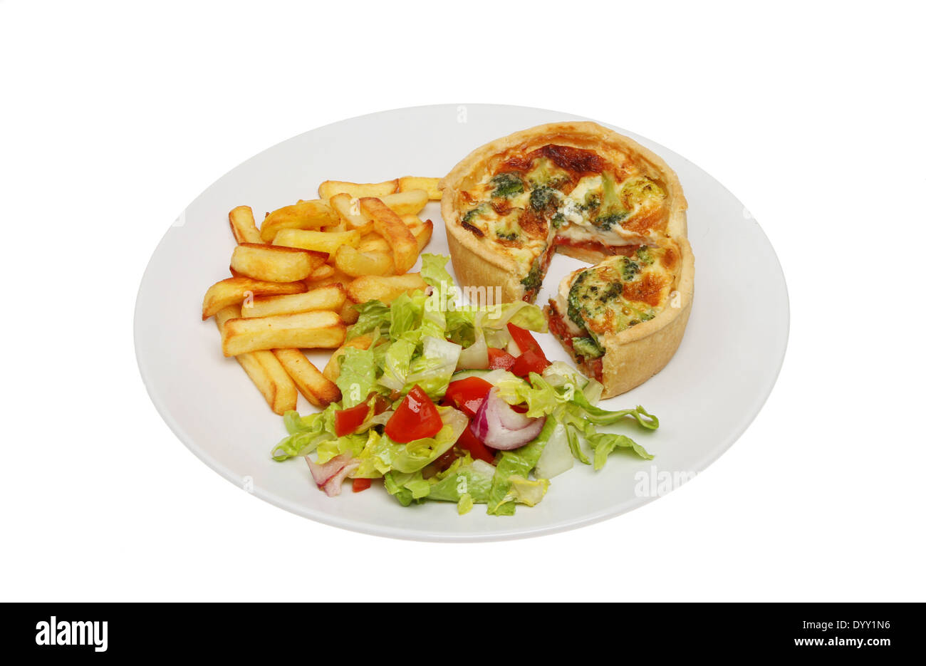 Cheese, tomato and broccoli quiche with salad and chips on a plate isolated against white Stock Photo
