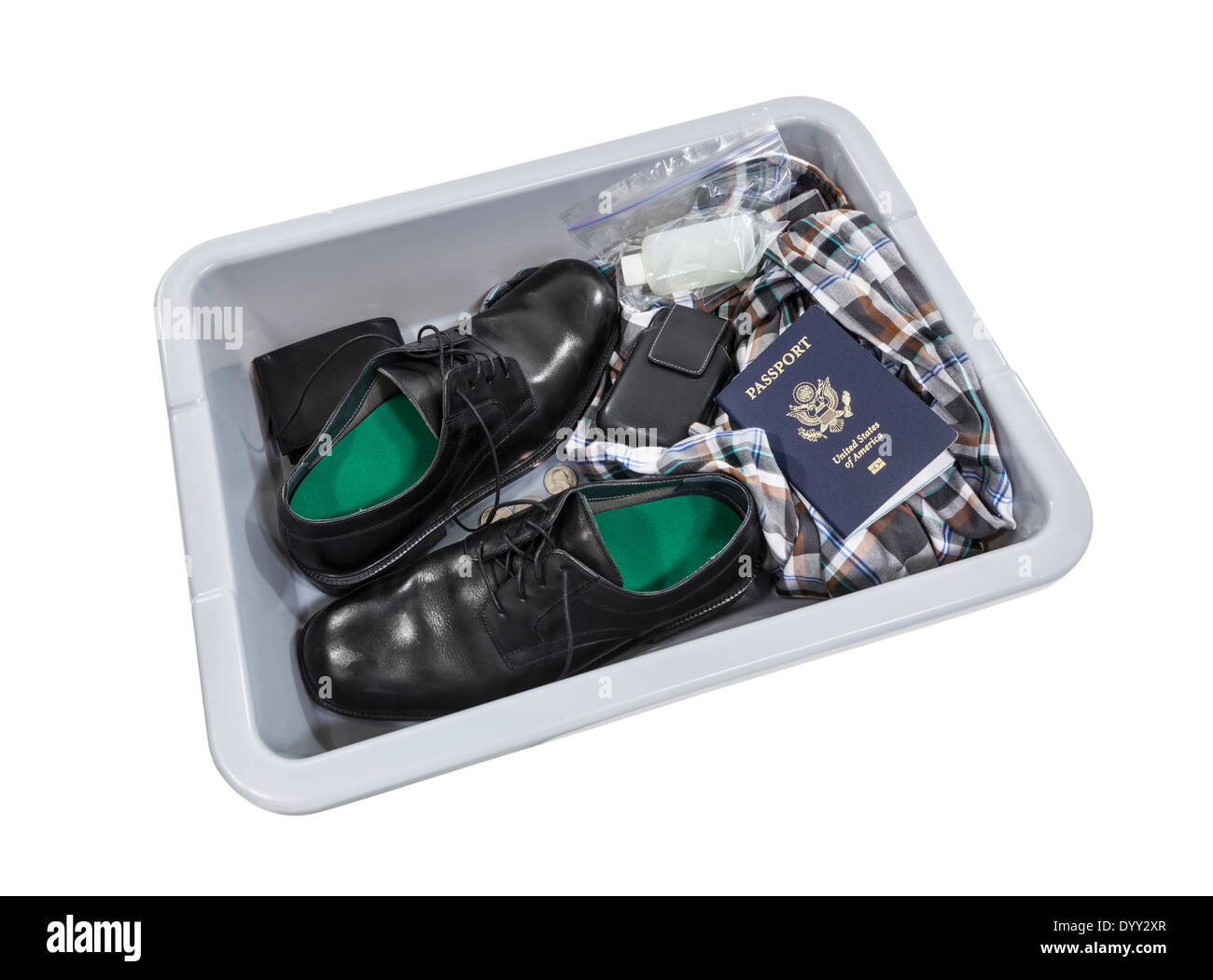 Airport screening security tray isolated with clipping path. Stock Photo