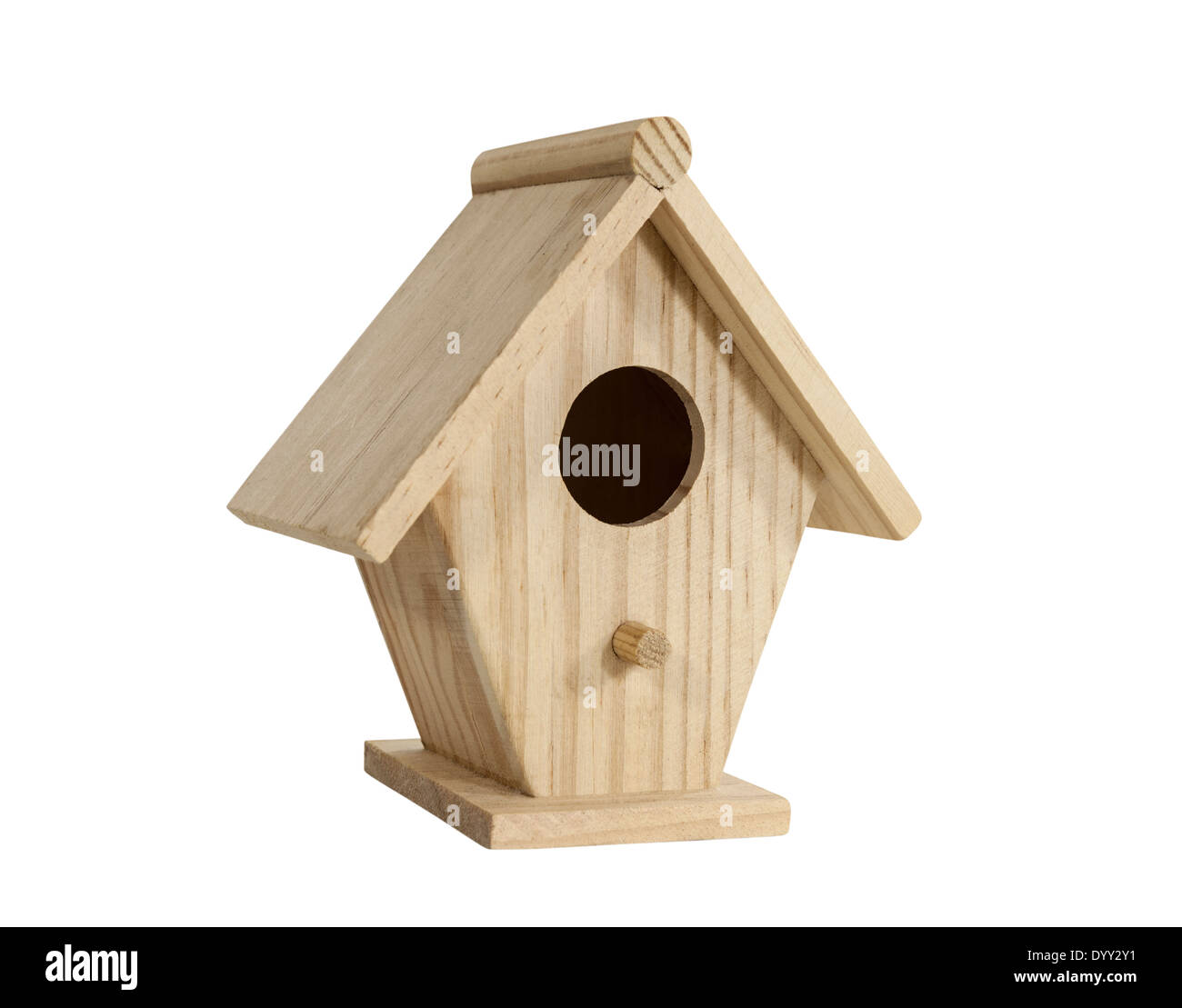 Little wooden birdhouse isolated with clipping path. Stock Photo