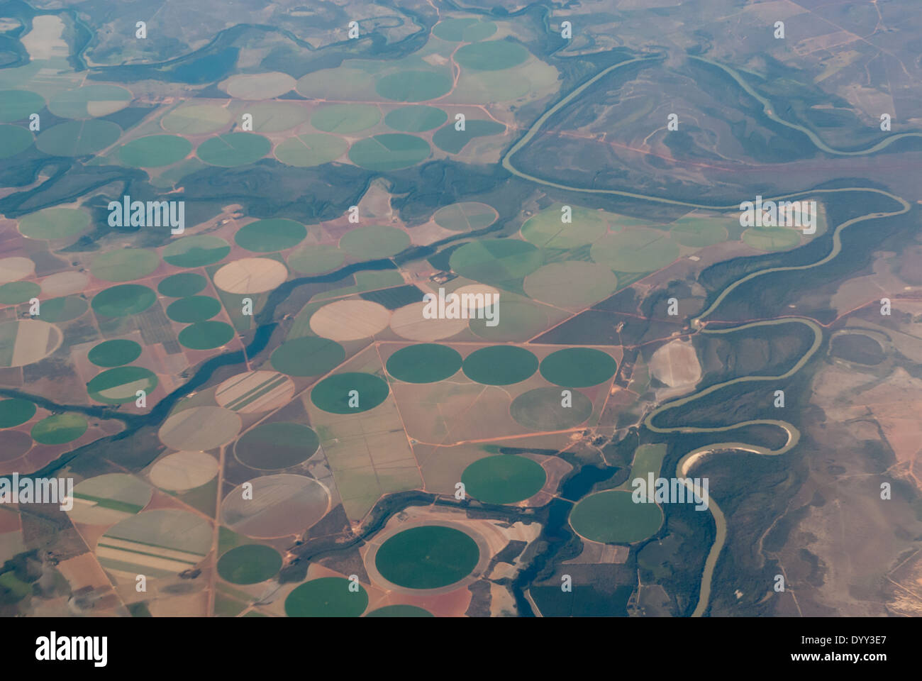 Goias State, Brazil. Aerial view of huge irrigated agriculture with circular irrigation pattern. Stock Photo
