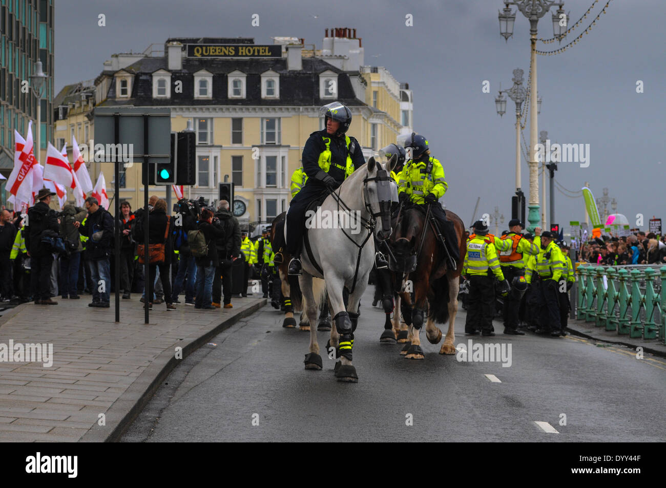 Brighton, East Sussex, UK..27th April 2014..About 150 marchers descended on Brighton. Completely outnumbered by those opposed to the march Police did a commendable  job keeping the two factions apart. Stock Photo