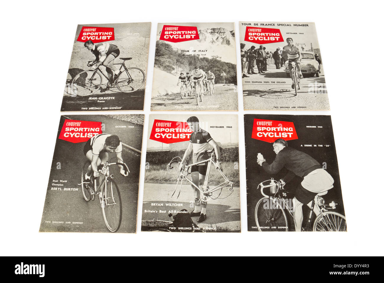 Selection of vintage 'Coureur Sporting Cyclist' magazines from 1960, including the Tour de France 'Special' from that year. Stock Photo