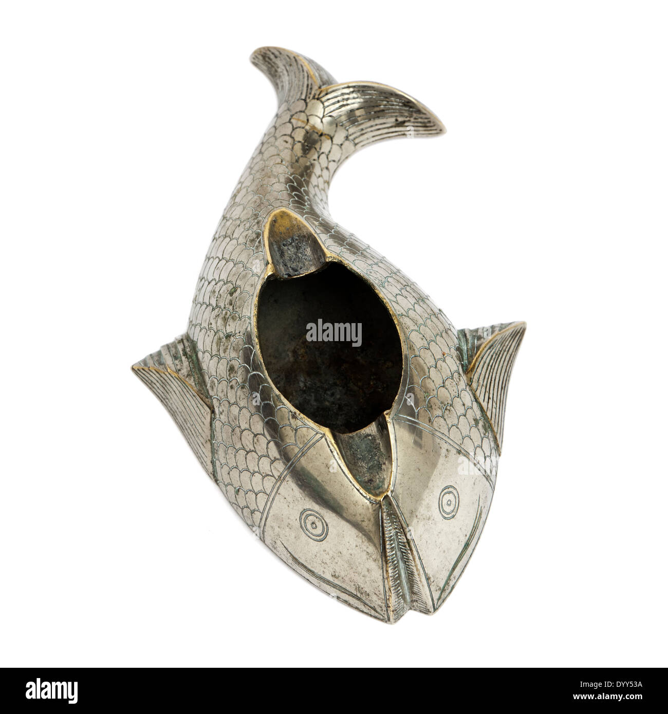 Arts & Crafts period handmade fish shaped ashtray, made from brass and