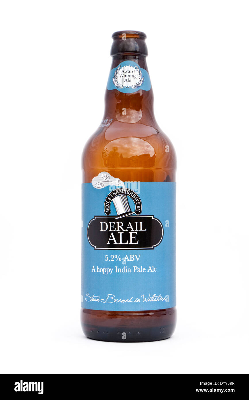 Bottle of 'Derail Ale', a hoppy India Pale Ale, steam brewed by the Box Steam Brewery, Wiltshire, UK. Stock Photo