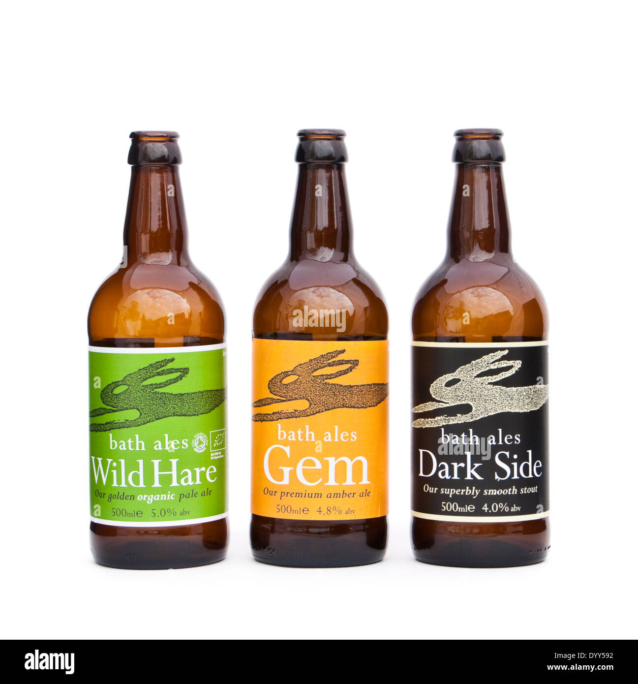 Collection of Bath Ales, a brewery in Warmley near Bristol, UK. Shown here are 'Wild Hare', 'Gem' and 'Dark Side'. Stock Photo