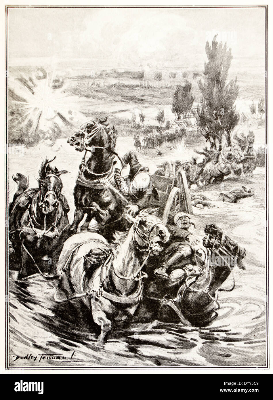 WW1 illustration from 1914 by Charles Dudley Tennant (1867-1952) entitled 'Opening the Flood-Gates in Flanders'. Stock Photo