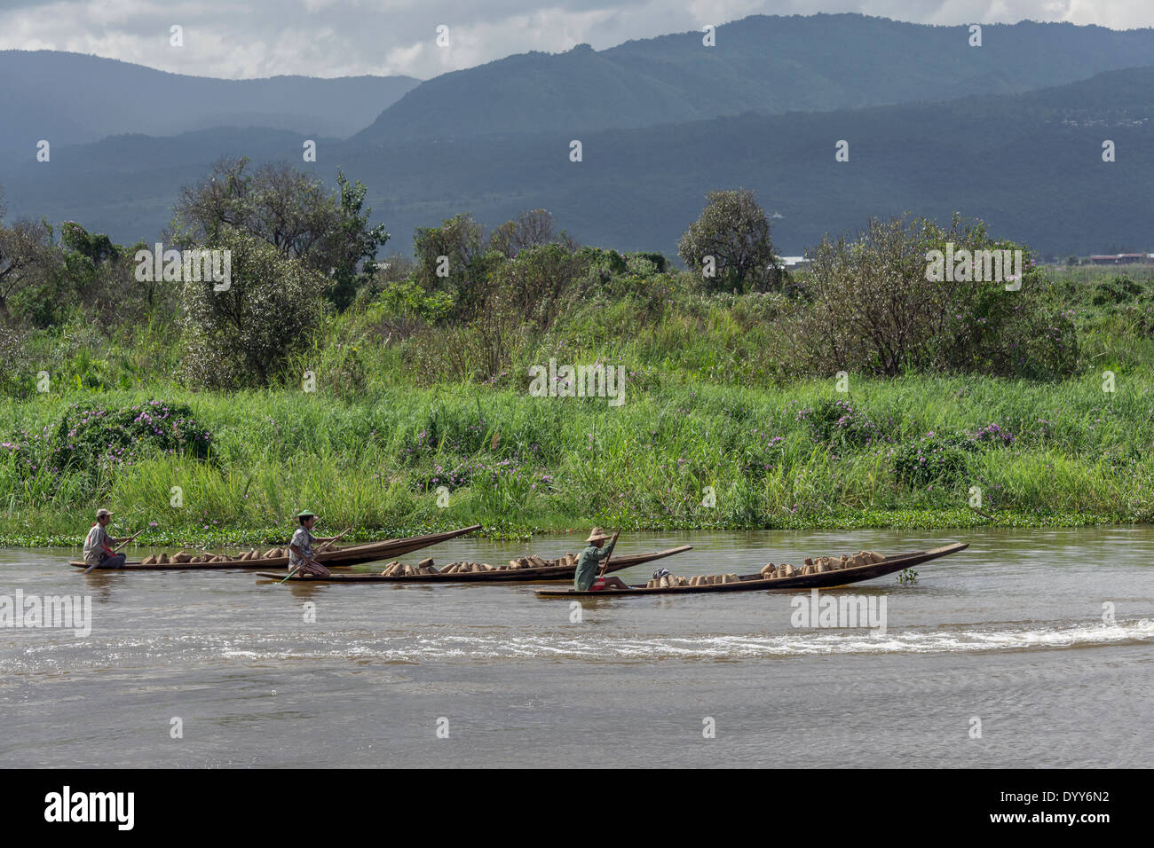 Fishermen with fishing traps near Taunggyi, Inle Lake, Myanmar Stock Photo