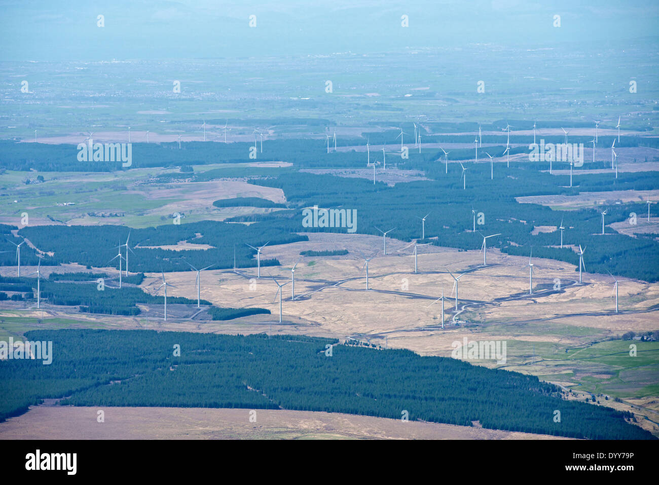 Looking west over the South Lanarkshire Countryside with Whitelee Wind Farm. Stock Photo