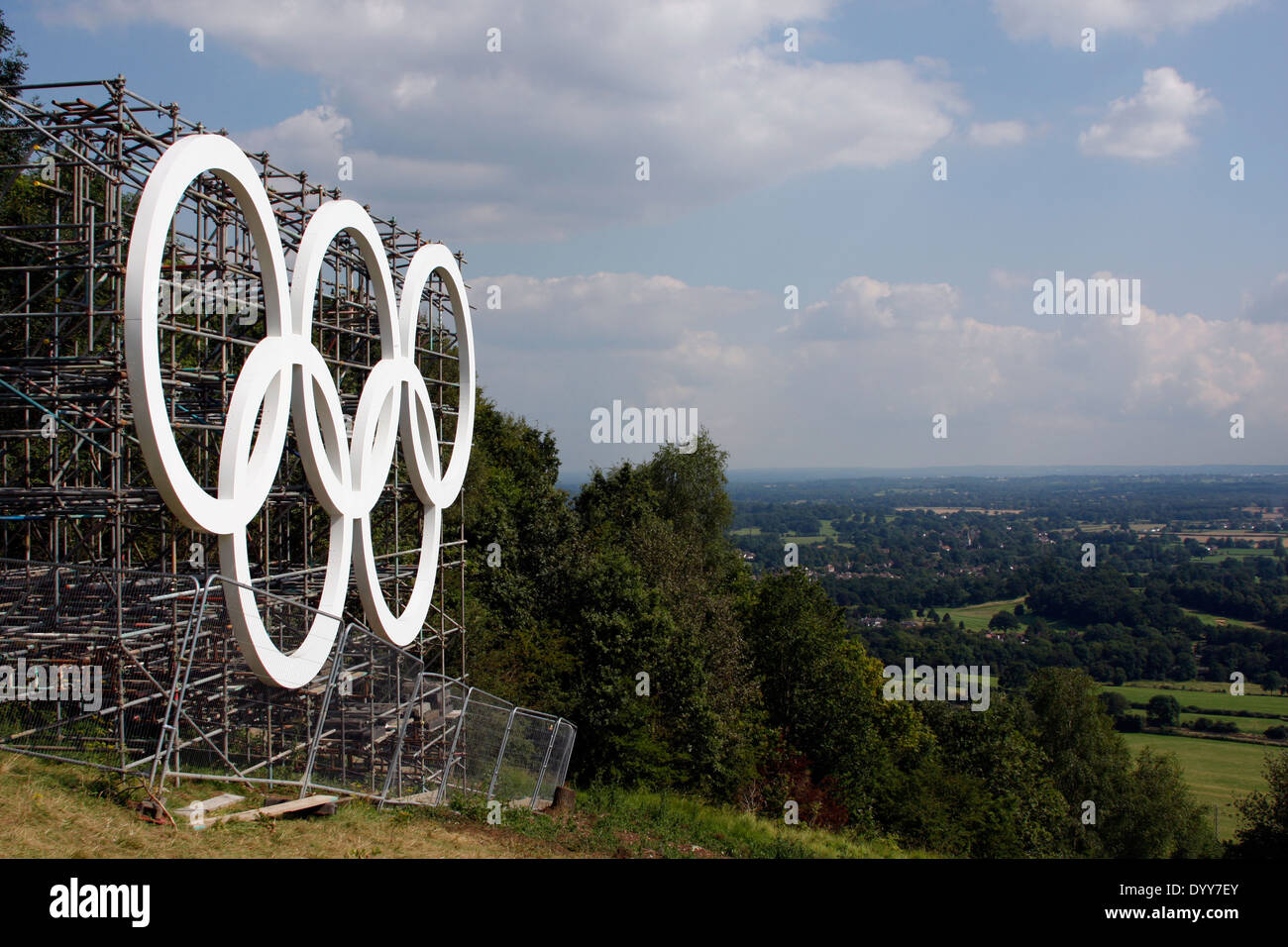 The Olympic rings at the top of Box Hill in Surrey, over looking the Surrey Hills and Countryside Stock Photo