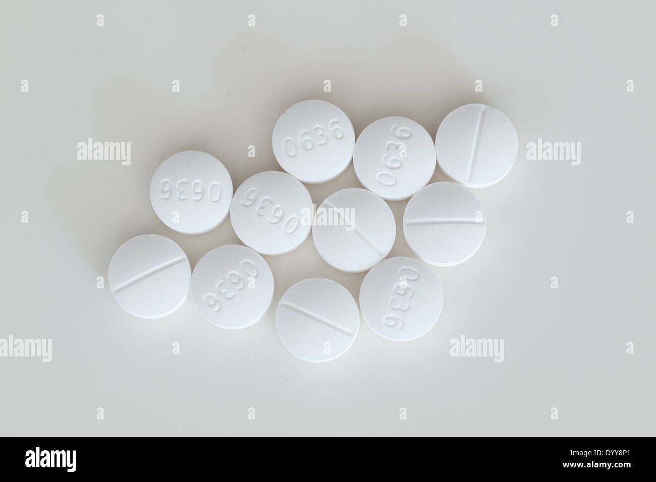 Percocet (oxycodone / paracetamol) tablets.  Percocet is a narcotic pain reliever used to treat moderate to severe acute pain. Stock Photo