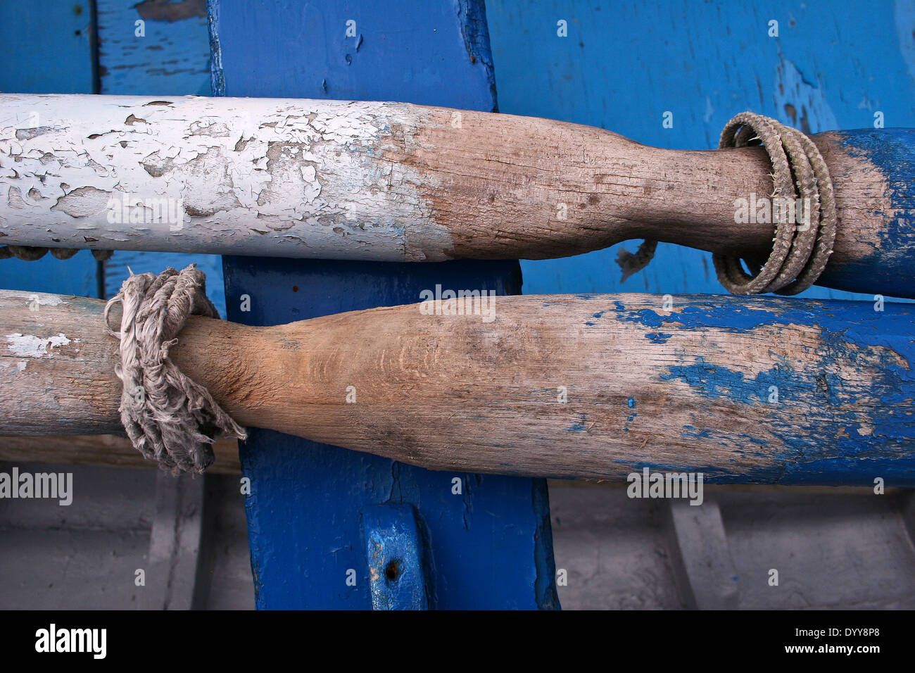Close up of cobalt blue wooden boat and Oars, Amalfi Coast, Italy Stock Photo