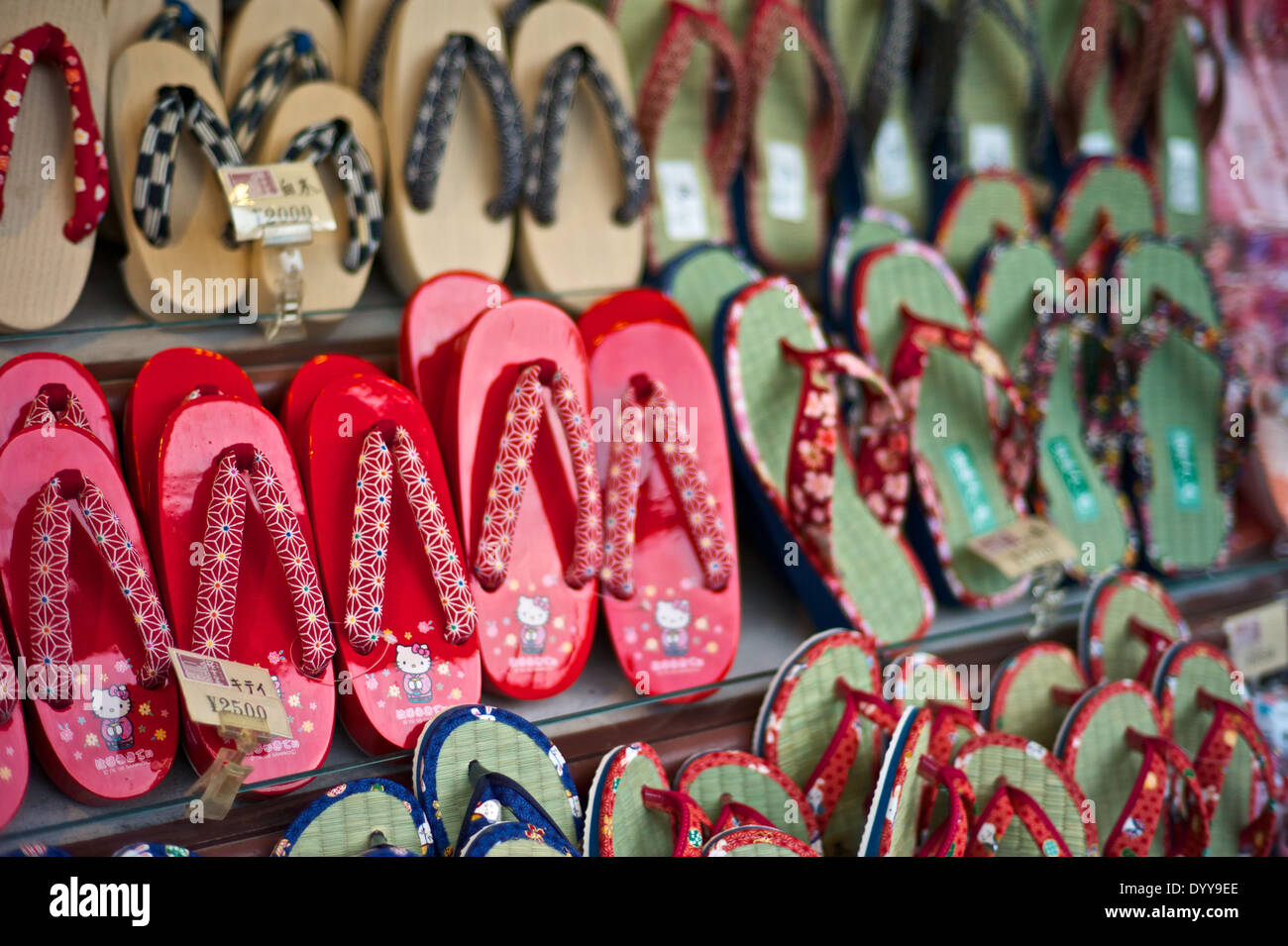 Traditional Japanese wooden shoes at the stores and shops near the