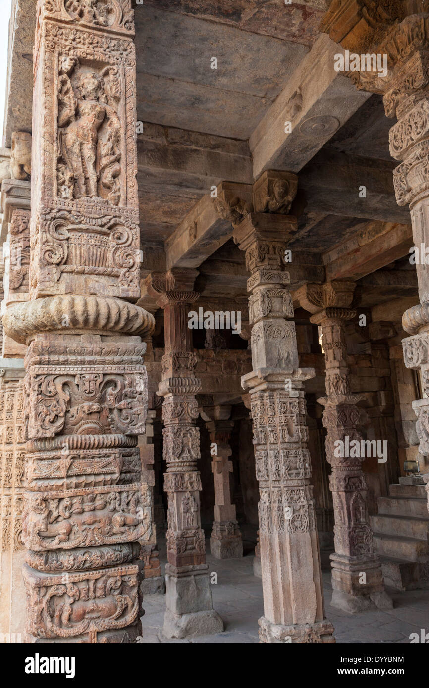 New Delhi, India. Hindu Columns incorporated into the Quwwat Ul-Islam, first Mosque Built in India, 13th. Century. Stock Photo