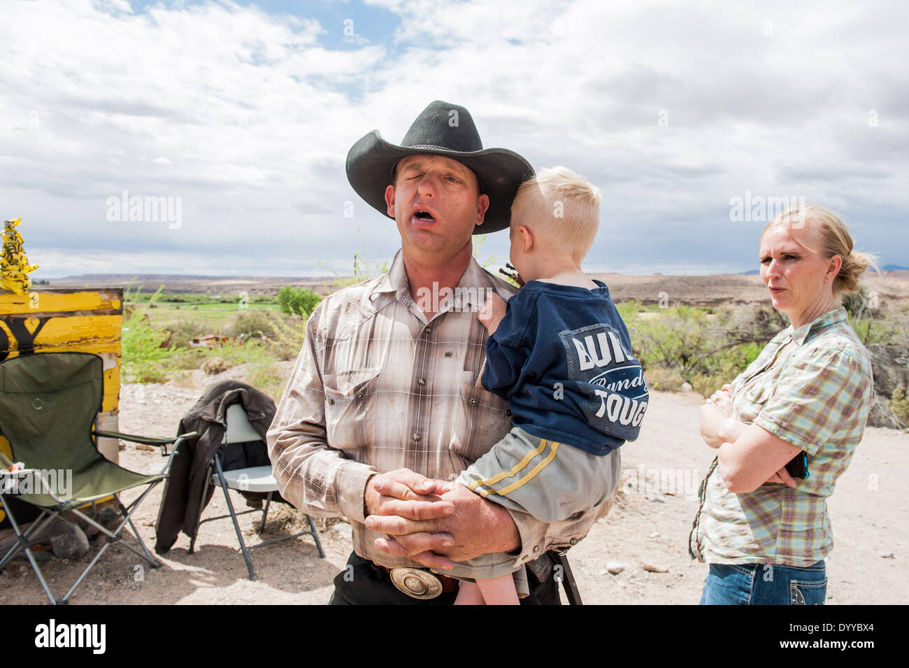 Bunkerville, Nevada, USA. 26th Apr, 2014. RYAN BUNDY, the son of C. Bundy,  speaks to the press on Bundy's ranch near Bunkerville, Nev. Ryan Bundy said  that his father, an embattled rancher