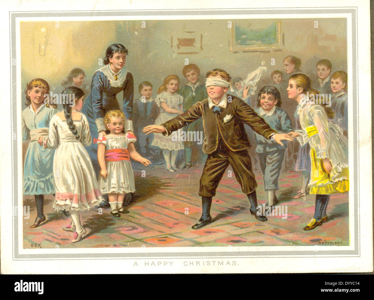 Christmas greetings card of children playing Blind Man's Buff by artist
