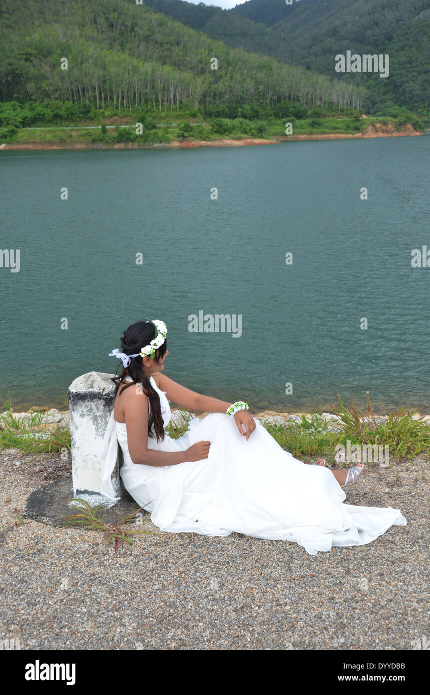 Pre Wedding Bride Thai Women at Bangneow Dam reservoir Phuket Thailand