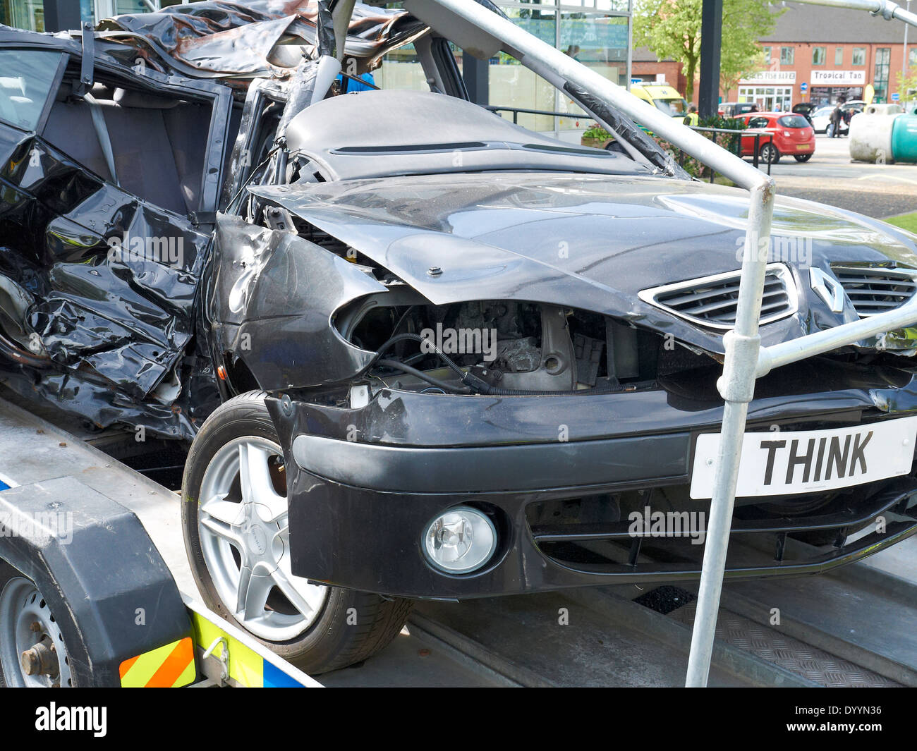 Police showing result of a crashed car in fatal drink driving accident, Sandbach Cheshire UK Stock Photo