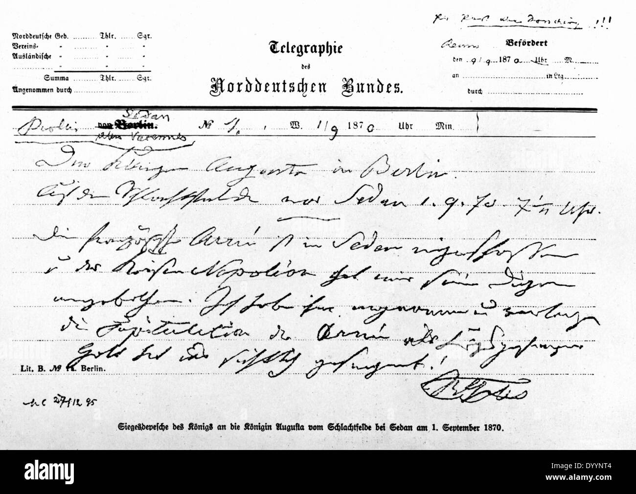Victory telegram from Sedan, 01.09.1870 Stock Photo