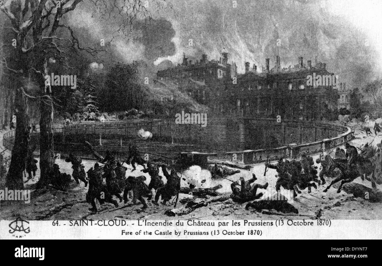 The burning Chateau de Saint-Cloud during the war, 13/10/1870 Stock Photo