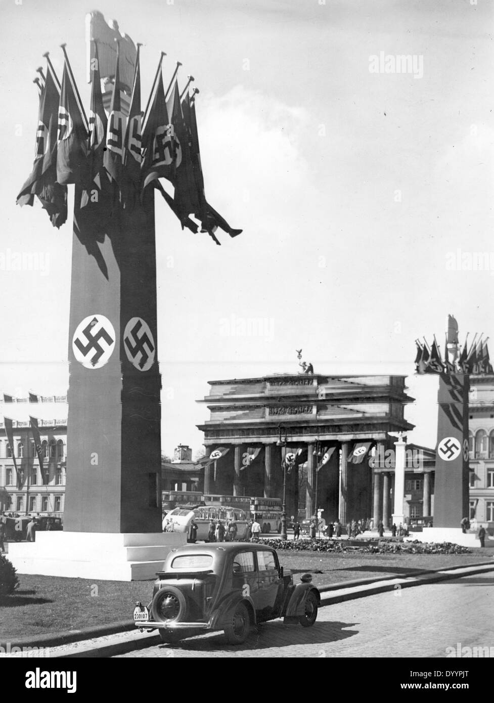 Pylons in front of Brandenburg Gate for the birthday of Adolf Hitler, Berlin, 1939 Stock Photo