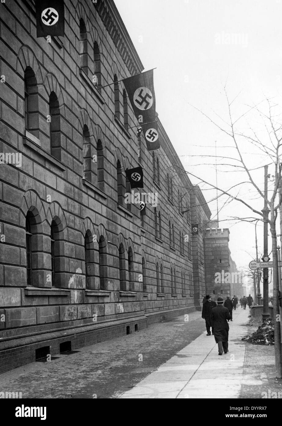 Swastikas at the police barracks Chaussestrasse in Berlin, 1933 Stock Photo