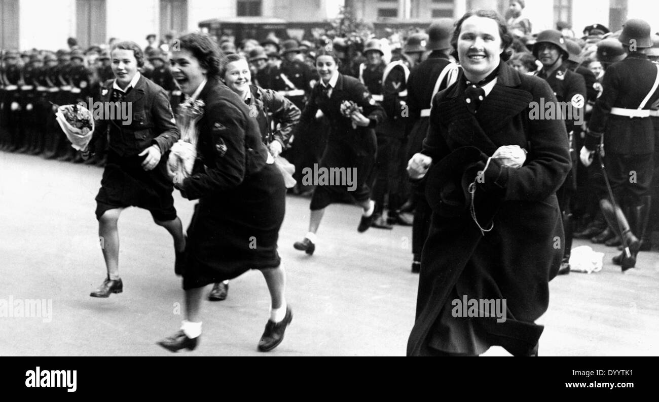 Cheering women on Adolf Hitler's birthday, 1937 Stock Photo