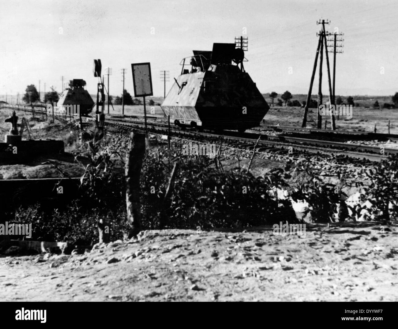 German armored rail cars securing a railway line in Yugoslavia, 1944 Stock Photo