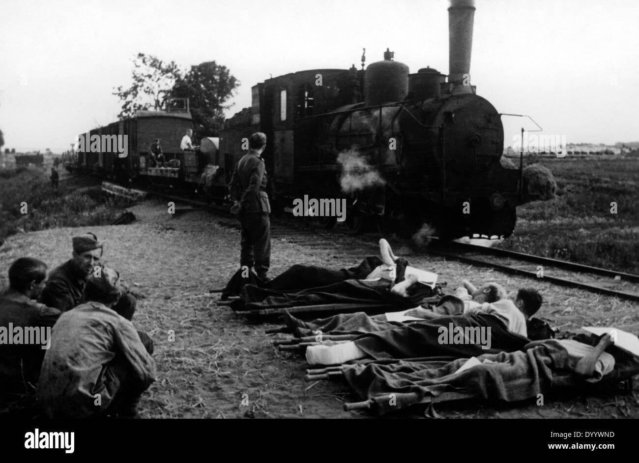 Transportation of wounded soldiers on a narrow-gauge railroad Stock Photo