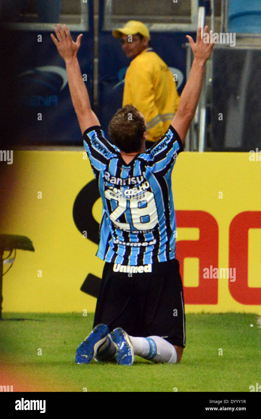 Porto Alegre, Brazil. 27th Apr, 2013. PORTO ALEGRE - April 27- Lucas Coelho celebration in the match between Gremio and Atletico MG, corresponding to the second round of the Brazilian league, played on April 27, 2104 at the Arena stadium do Gremio. Photo: Luiz Munhoz /Urbanandsport/Nurphoto. © Luiz Munhoz/NurPhoto/ZUMAPRESS.com/Alamy Live News Stock Photo