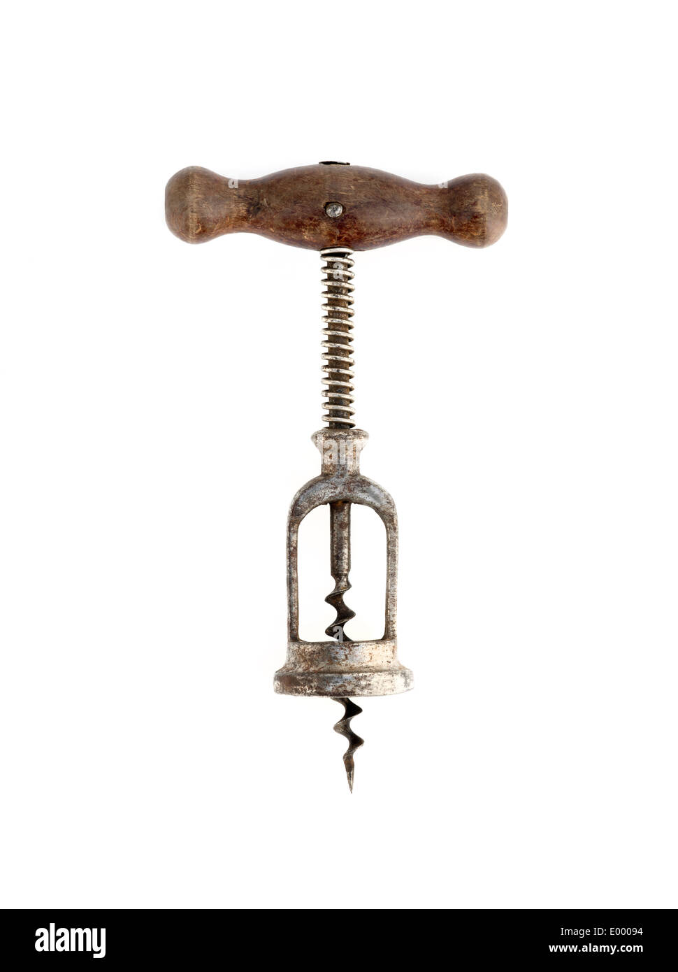 Vintage Corkscrew with Wooden Handle on a white background Stock Photo